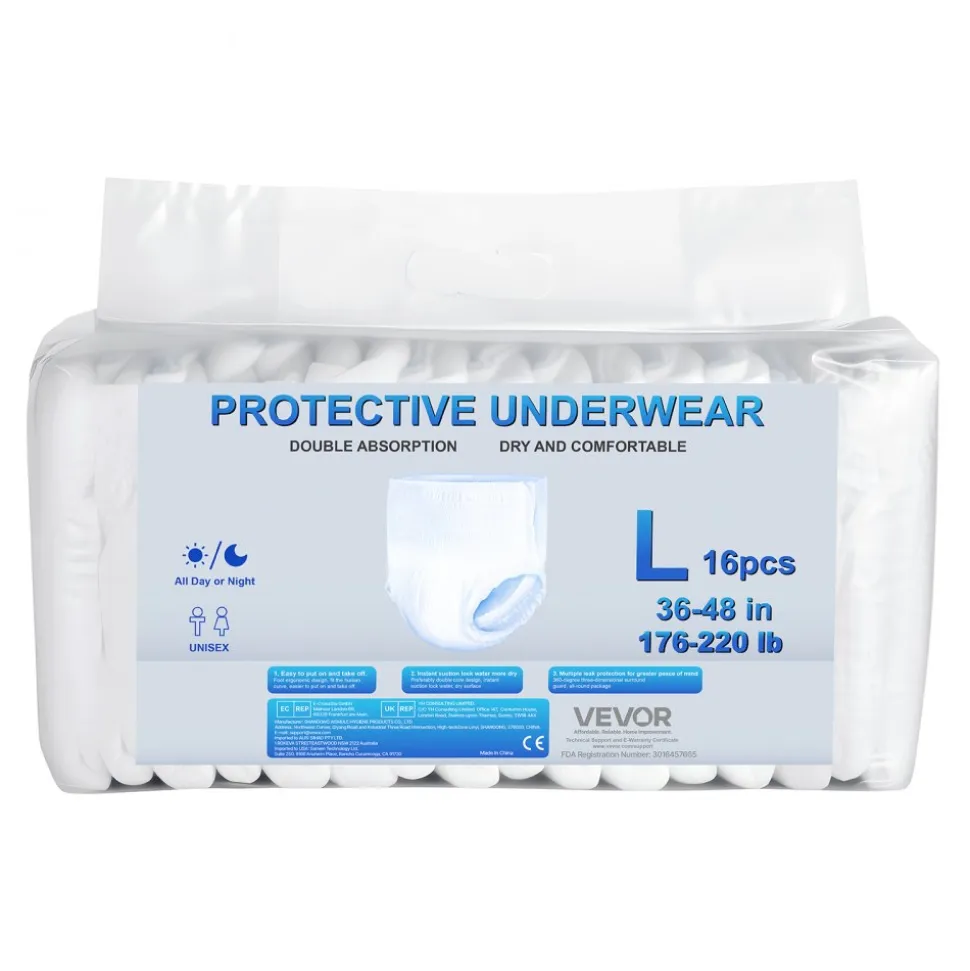 VEVOR Adult Incontinence Underwear, High Absorbent Protective Underwear for Men & Women, Disposable Adult Pull-ups Diaper with Leakproof Leg Cuff & Wetness Indicator - L Size, 64 Count (4 Packs of 16)