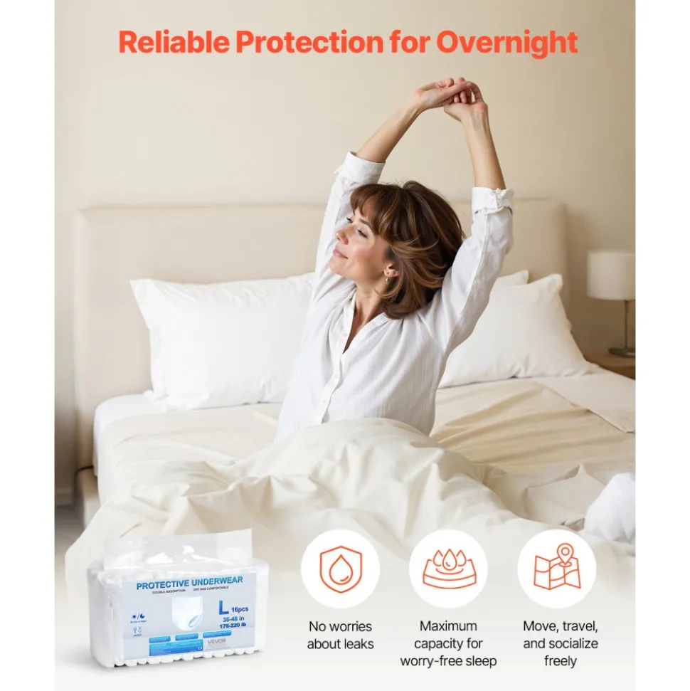 VEVOR Adult Incontinence Underwear, High Absorbent Protective Underwear for Men & Women, Disposable Adult Pull-ups Diaper with Leakproof Leg Cuff & Wetness Indicator - L Size, 64 Count (4 Packs of 16)