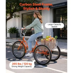 VEVOR Adult Tricycle 24 inch 7 Speed Trikes for Adult 3 Wheel Cruiser Bike, w/ Cargo Basket, Adjustable Seat, and Double-Wall Wheel Rims, Carbon Steel Shopping Tricycles for Women, Men, Senior (Red)