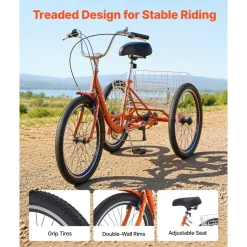 VEVOR Adult Tricycle 24 inch 7 Speed Trikes for Adult 3 Wheel Cruiser Bike, w/ Cargo Basket, Adjustable Seat, and Double-Wall Wheel Rims, Carbon Steel Shopping Tricycles for Women, Men, Senior (Red)