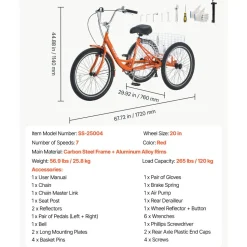 VEVOR Adult Tricycle 24 inch 7 Speed Trikes for Adult 3 Wheel Cruiser Bike, w/ Cargo Basket, Adjustable Seat, and Double-Wall Wheel Rims, Carbon Steel Shopping Tricycles for Women, Men, Senior (Red)