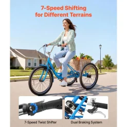VEVOR Adult Tricycle 24 inch 7 Speed Trikes for Adult 3 Wheel Cruiser Bike, w/ Cargo Basket, Adjustable Seat, and Double-Wall Wheel Rims, Carbon Steel Shopping Tricycles for Women, Men, Senior (Blue)