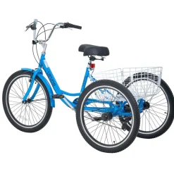 VEVOR Adult Tricycle 24 inch 7 Speed Trikes for Adult 3 Wheel Cruiser Bike, w/ Cargo Basket, Adjustable Seat, and Double-Wall Wheel Rims, Carbon Steel Shopping Tricycles for Women, Men, Senior (Blue)