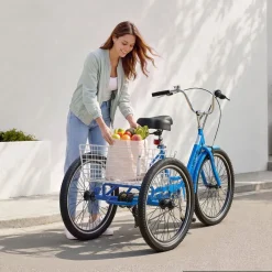 VEVOR Adult Tricycle 24 inch 7 Speed Trikes for Adult 3 Wheel Cruiser Bike, w/ Cargo Basket, Adjustable Seat, and Double-Wall Wheel Rims, Carbon Steel Shopping Tricycles for Women, Men, Senior (Blue)