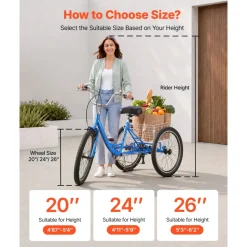 VEVOR Adult Tricycle 24 inch 7 Speed Trikes for Adult 3 Wheel Cruiser Bike, w/ Cargo Basket, Adjustable Seat, and Double-Wall Wheel Rims, Carbon Steel Shopping Tricycles for Women, Men, Senior (Blue)