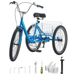 VEVOR Adult Tricycle 24 inch 7 Speed Trikes for Adult 3 Wheel Cruiser Bike, w/ Cargo Basket, Adjustable Seat, and Double-Wall Wheel Rims, Carbon Steel Shopping Tricycles for Women, Men, Senior (Blue)