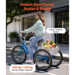 VEVOR Adult Tricycle 24 inch 7 Speed Trikes for Adult 3 Wheel Cruiser Bike, w/ Cargo Basket, Adjustable Seat, and Double-Wall Wheel Rims, Carbon Steel Shopping Tricycles for Women, Men, Senior (Blue)