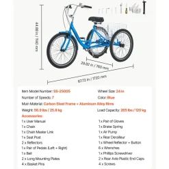 VEVOR Adult Tricycle 24 inch 7 Speed Trikes for Adult 3 Wheel Cruiser Bike, w/ Cargo Basket, Adjustable Seat, and Double-Wall Wheel Rims, Carbon Steel Shopping Tricycles for Women, Men, Senior (Blue)