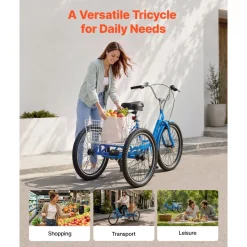 VEVOR Adult Tricycle 24 inch 7 Speed Trikes for Adult 3 Wheel Cruiser Bike, w/ Cargo Basket, Adjustable Seat, and Double-Wall Wheel Rims, Carbon Steel Shopping Tricycles for Women, Men, Senior (Blue)