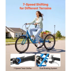 VEVOR Adult Tricycle 26 inch 7 Speed Trikes for Adult 3 Wheel Cruiser Bike, w/ Cargo Basket, Adjustable Seat, and Double-Wall Wheel Rims, Carbon Steel Shopping Tricycles for Women, Men, Senior (Blue)