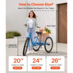 VEVOR Adult Tricycle 26 inch 7 Speed Trikes for Adult 3 Wheel Cruiser Bike, w/ Cargo Basket, Adjustable Seat, and Double-Wall Wheel Rims, Carbon Steel Shopping Tricycles for Women, Men, Senior (Blue)