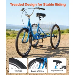VEVOR Adult Tricycle 26 inch 7 Speed Trikes for Adult 3 Wheel Cruiser Bike, w/ Cargo Basket, Adjustable Seat, and Double-Wall Wheel Rims, Carbon Steel Shopping Tricycles for Women, Men, Senior (Blue)