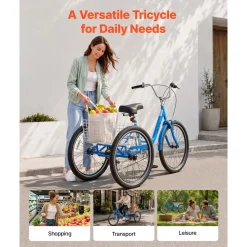 VEVOR Adult Tricycle 26 inch 7 Speed Trikes for Adult 3 Wheel Cruiser Bike, w/ Cargo Basket, Adjustable Seat, and Double-Wall Wheel Rims, Carbon Steel Shopping Tricycles for Women, Men, Senior (Blue)