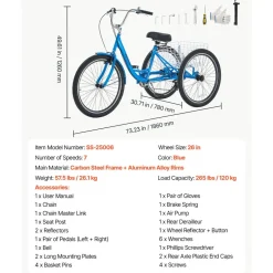 VEVOR Adult Tricycle 26 inch 7 Speed Trikes for Adult 3 Wheel Cruiser Bike, w/ Cargo Basket, Adjustable Seat, and Double-Wall Wheel Rims, Carbon Steel Shopping Tricycles for Women, Men, Senior (Blue)