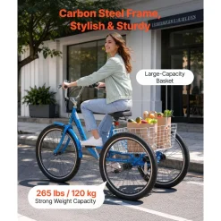 VEVOR Adult Tricycle 26 inch 7 Speed Trikes for Adult 3 Wheel Cruiser Bike, w/ Cargo Basket, Adjustable Seat, and Double-Wall Wheel Rims, Carbon Steel Shopping Tricycles for Women, Men, Senior (Blue)