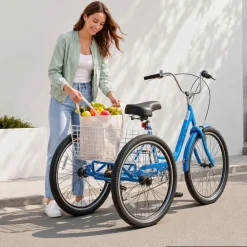 VEVOR Adult Tricycle 26 inch 7 Speed Trikes for Adult 3 Wheel Cruiser Bike, w/ Cargo Basket, Adjustable Seat, and Double-Wall Wheel Rims, Carbon Steel Shopping Tricycles for Women, Men, Senior (Blue)