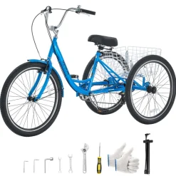 VEVOR Adult Tricycle 26 inch 7 Speed Trikes for Adult 3 Wheel Cruiser Bike, w/ Cargo Basket, Adjustable Seat, and Double-Wall Wheel Rims, Carbon Steel Shopping Tricycles for Women, Men, Senior (Blue)