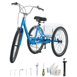 VEVOR Adult Tricycle 26 inch 7 Speed Trikes for Adult 3 Wheel Cruiser Bike, w/ Cargo Basket, Adjustable Seat, and Double-Wall Wheel Rims, Carbon Steel Shopping Tricycles for Women, Men, Senior (Blue)