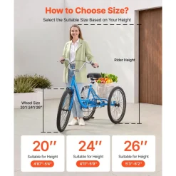VEVOR Adult Tricycle 26 inch Trike for Adult 3 Wheel Cruiser Bike, with Cargo Basket, Adjustable Seat, and Double-Wall Wheel Rims, Carbon Steel Shopping Picnic Tricycles for Women, Men, Seniors