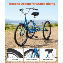 VEVOR Adult Tricycle 26 inch Trike for Adult 3 Wheel Cruiser Bike, with Cargo Basket, Adjustable Seat, and Double-Wall Wheel Rims, Carbon Steel Shopping Picnic Tricycles for Women, Men, Seniors