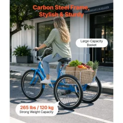 VEVOR Adult Tricycle 24 inch Trike for Adult 3 Wheel Cruiser Bike, with Cargo Basket, Adjustable Seat, and Double-Wall Wheel Rims, Carbon Steel Shopping Picnic Tricycles for Women, Men, Seniors