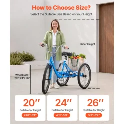 VEVOR Adult Tricycle 24 inch Trike for Adult 3 Wheel Cruiser Bike, with Cargo Basket, Adjustable Seat, and Double-Wall Wheel Rims, Carbon Steel Shopping Picnic Tricycles for Women, Men, Seniors