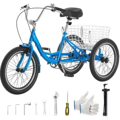 VEVOR Adult Tricycle 20 inch Trike for Adult 3 Wheel Cruiser Bike, with Cargo Basket, Adjustable Seat, and Double-Wall Wheel Rims, Carbon Steel Shopping Picnic Tricycles for Women, Men, Seniors