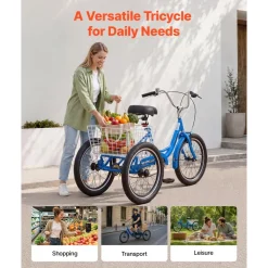 VEVOR Adult Tricycle 20 inch Trike for Adult 3 Wheel Cruiser Bike, with Cargo Basket, Adjustable Seat, and Double-Wall Wheel Rims, Carbon Steel Shopping Picnic Tricycles for Women, Men, Seniors