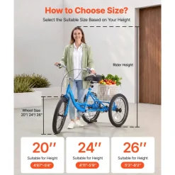 VEVOR Adult Tricycle 20 inch Trike for Adult 3 Wheel Cruiser Bike, with Cargo Basket, Adjustable Seat, and Double-Wall Wheel Rims, Carbon Steel Shopping Picnic Tricycles for Women, Men, Seniors