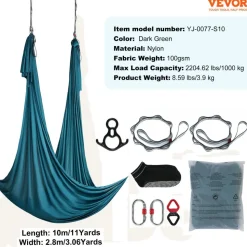 VEVOR Aerial Silk & Yoga Swing, 11 Yards, Aerial Yoga Hammock Kit with 100gsm Nylon Fabric, Full Rigging Hardware & Easy Set-up Guide, Antigravity Flying for All Levels Fitness Bodybuilding, Green