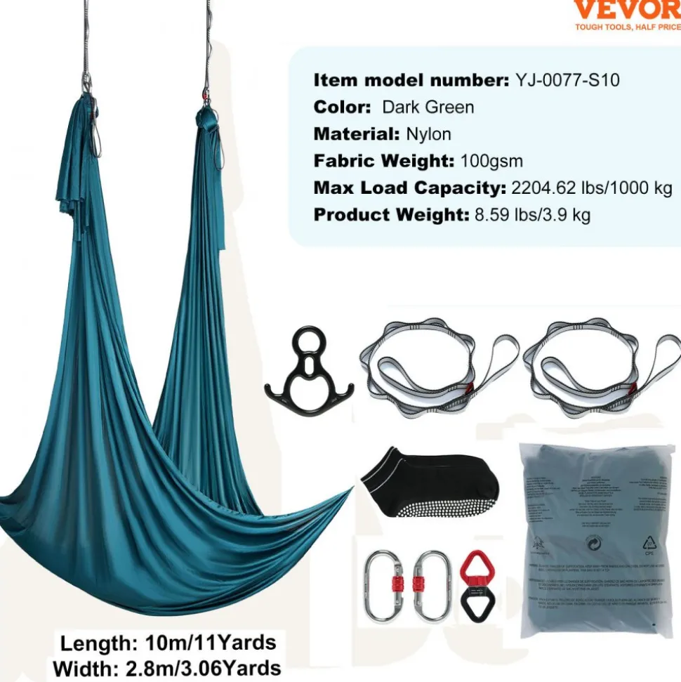 VEVOR Aerial Silk & Yoga Swing, 11 Yards, Aerial Yoga Hammock Kit with 100gsm Nylon Fabric, Full Rigging Hardware & Easy Set-up Guide, Antigravity Flying for All Levels Fitness Bodybuilding, Green