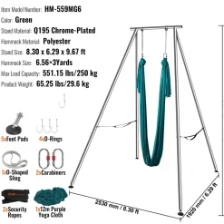 VEVOR Aerial Yoga Frame & Yoga Hammock, 9.67 ft Height Professional Yoga Swing Stand Comes with 6.6 Yards Aerial Hammock, Max 551.15 lbs Load Capacity Yoga Rig for Indoor Outdoor Aerial Yoga, Green