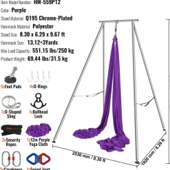 VEVOR Aerial Yoga Frame & Yoga Hammock, 9.67 ft Height Professional Yoga Swing Stand Comes with 13.1 Yards Aerial Hammock, Max 551.15 lbs Load Capacity Yoga Rig for Indoor Outdoor Aerial Yoga, Purple