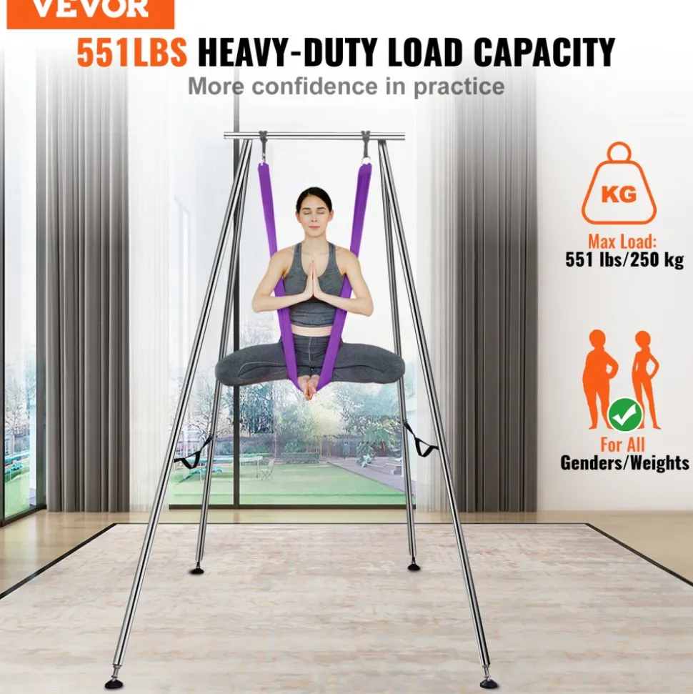 VEVOR Aerial Yoga Frame & Yoga Hammock, 9.67 ft Height Professional Yoga Swing Stand Comes with 13.1 Yards Aerial Hammock, Max 551.15 lbs Load Capacity Yoga Rig for Indoor Outdoor Aerial Yoga, Purple