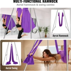 VEVOR Aerial Yoga Frame & Yoga Hammock, 9.67 ft Height Professional Yoga Swing Stand Comes with 13.1 Yards Aerial Hammock, Max 551.15 lbs Load Capacity Yoga Rig for Indoor Outdoor Aerial Yoga, Purple