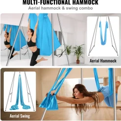 VEVOR Aerial Yoga Frame & Yoga Hammock, 9.67 ft Height Professional Yoga Swing Stand Comes with 13.1 Yards Aerial Hammock, Max 551.15 lbs Load Capacity Yoga Rig for Indoor Outdoor Aerial Yoga, Blue