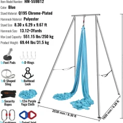 VEVOR Aerial Yoga Frame & Yoga Hammock, 9.67 ft Height Professional Yoga Swing Stand Comes with 13.1 Yards Aerial Hammock, Max 551.15 lbs Load Capacity Yoga Rig for Indoor Outdoor Aerial Yoga, Blue