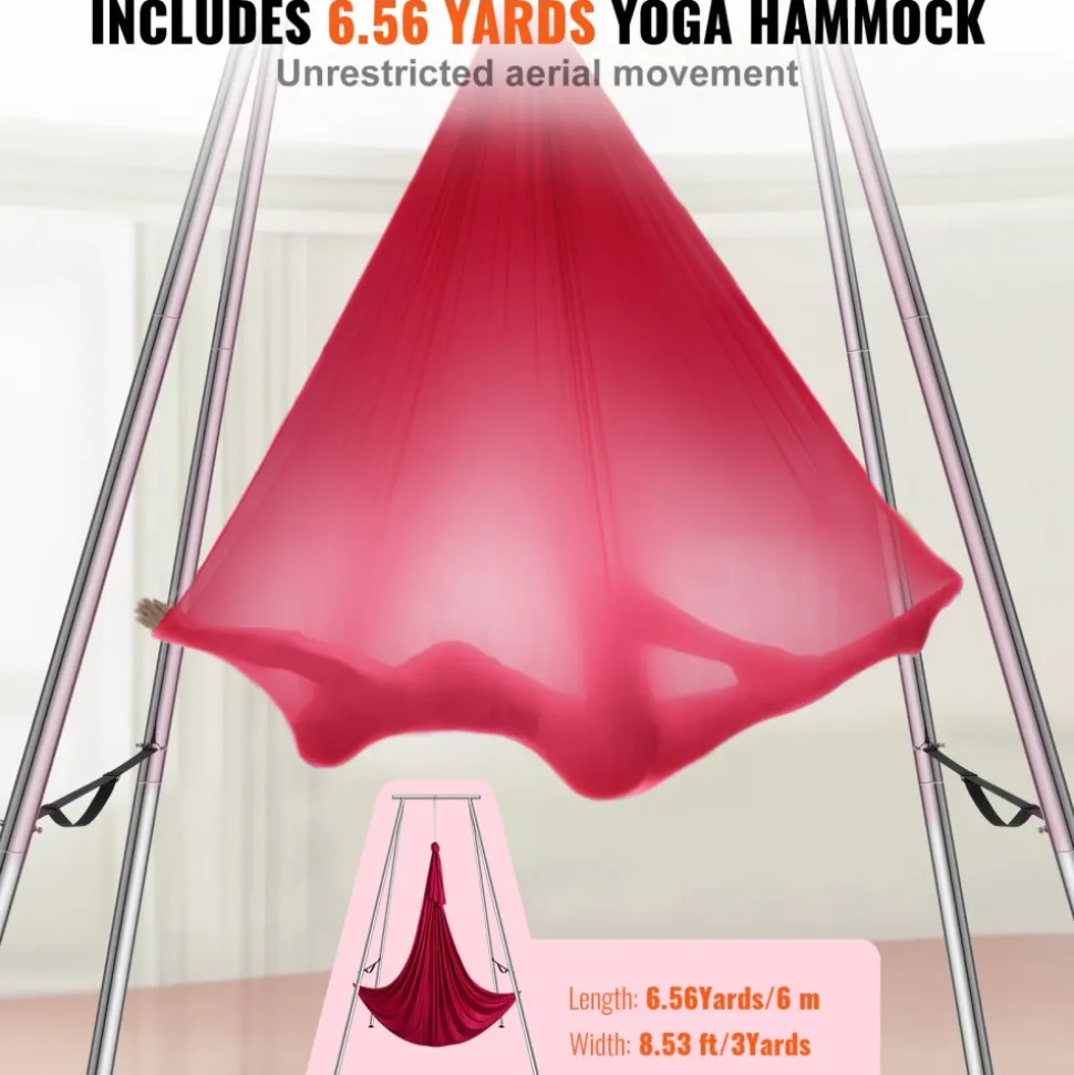 VEVOR Aerial Yoga Frame & Yoga Hammock, 9.67 ft Height Professional Yoga Swing Stand Comes with 6.6 Yards Aerial Hammock, Max 551.15 lbs Load Capacity, Yoga Rig for Indoor Outdoor Aerial Yoga, Red