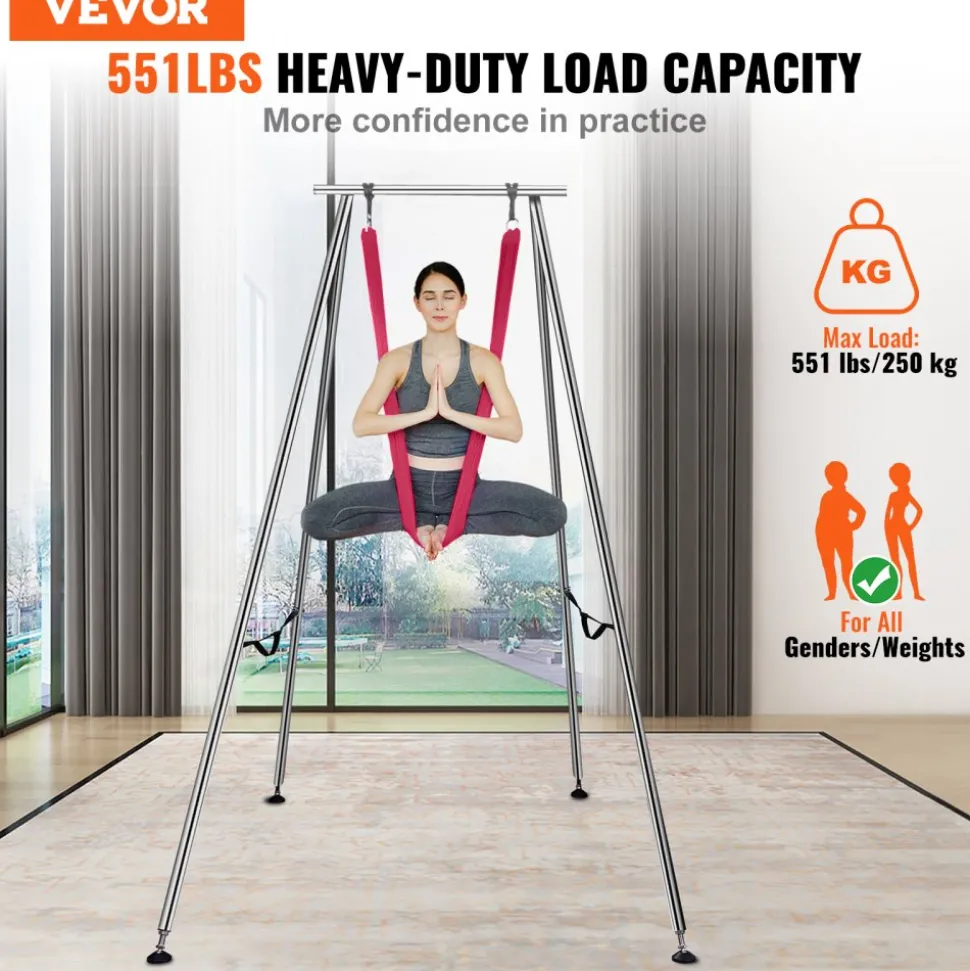 VEVOR Aerial Yoga Frame & Yoga Hammock, 9.67 ft Height Professional Yoga Swing Stand Comes with 6.6 Yards Aerial Hammock, Max 551.15 lbs Load Capacity, Yoga Rig for Indoor Outdoor Aerial Yoga, Red