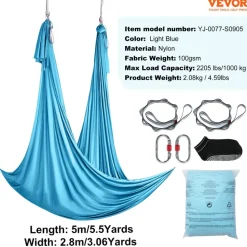 VEVOR Aerial Yoga Hammock & Swing, 5.5 Yards, Aerial Yoga Starter Kit with 100gsm Nylon Fabric, Full Rigging Hardware & Easy Set-up Guide, Antigravity Flying for All Levels Fitness Bodybuilding, Blue