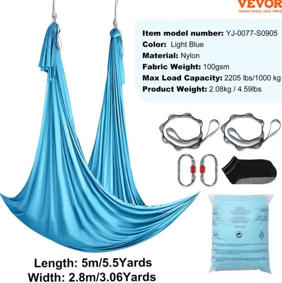 VEVOR Aerial Yoga Hammock & Swing, 5.5 Yards, Aerial Yoga Starter Kit with 100gsm Nylon Fabric, Full Rigging Hardware & Easy Set-up Guide, Antigravity Flying for All Levels Fitness Bodybuilding, Blue
