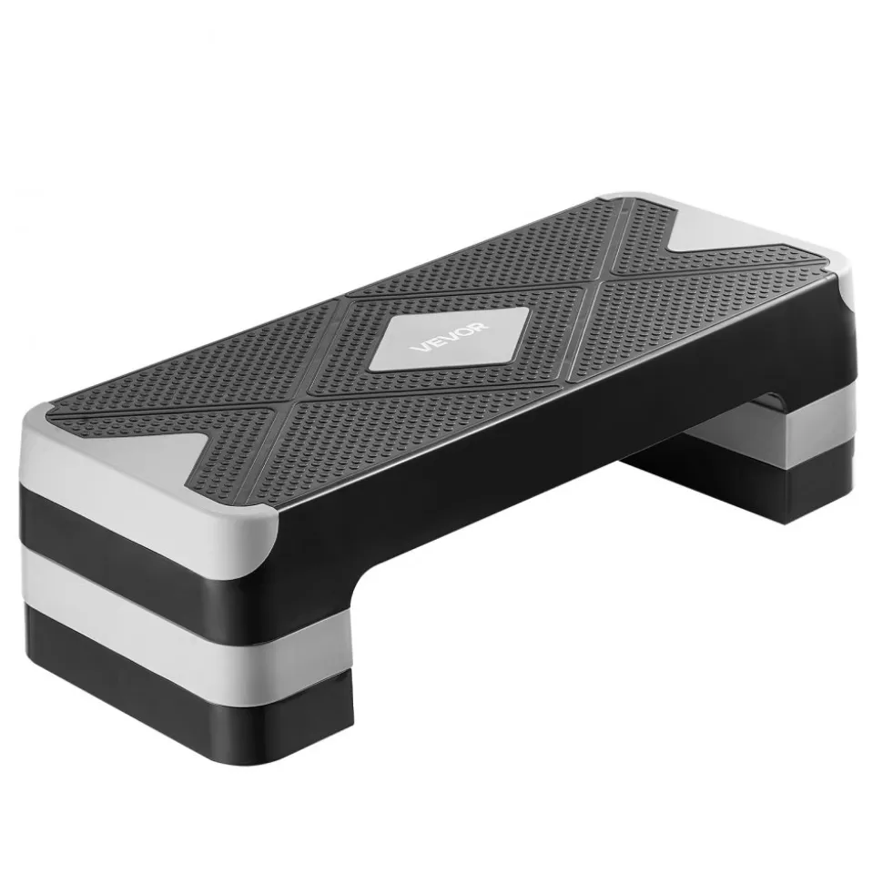 VEVOR Aerobic Exercise Step Platform, 28-Inch Workout Aerobic Stepper, Height Adjustable Fitness Training Step Deck Trainer with 4 Risers, Non-Slip Surface Bench for Home Gym Cardio Strength, Gray