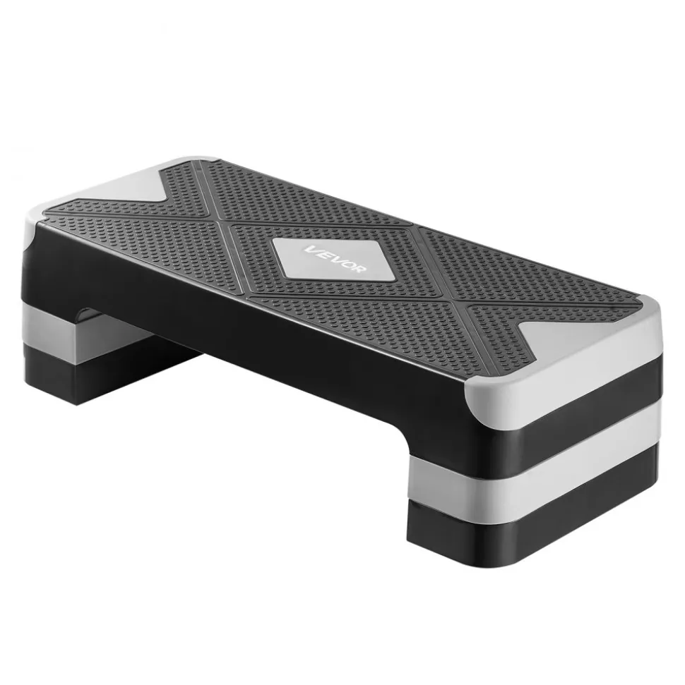 VEVOR Aerobic Exercise Step Platform, 28-Inch Workout Aerobic Stepper, Height Adjustable Fitness Training Step Deck Trainer with 4 Risers, Non-Slip Surface Bench for Home Gym Cardio Strength, Gray