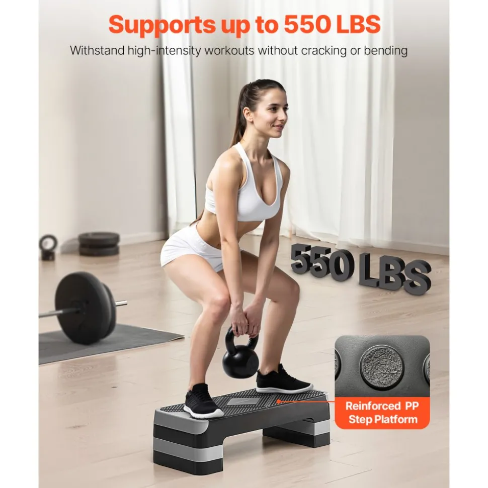 VEVOR Aerobic Exercise Step Platform, 28-Inch Workout Aerobic Stepper, Height Adjustable Fitness Training Step Deck Trainer with 4 Risers, Non-Slip Surface Bench for Home Gym Cardio Strength, Gray