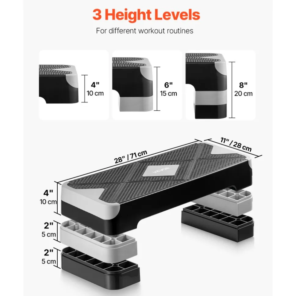 VEVOR Aerobic Exercise Step Platform, 28-Inch Workout Aerobic Stepper, Height Adjustable Fitness Training Step Deck Trainer with 4 Risers, Non-Slip Surface Bench for Home Gym Cardio Strength, Gray