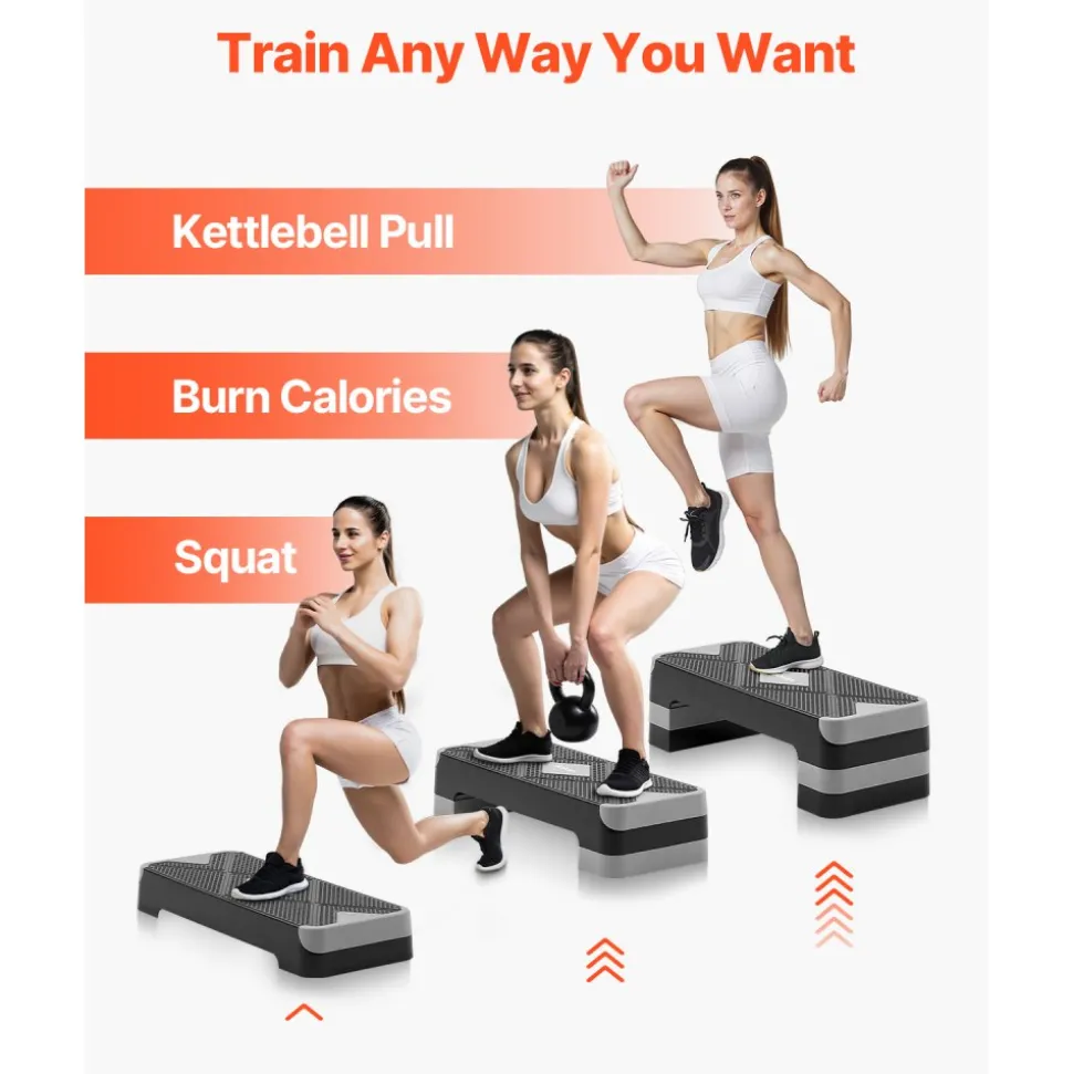VEVOR Aerobic Exercise Step Platform, 28-Inch Workout Aerobic Stepper, Height Adjustable Fitness Training Step Deck Trainer with 4 Risers, Non-Slip Surface Bench for Home Gym Cardio Strength, Gray