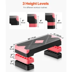 VEVOR Aerobic Exercise Step Platform, 28-Inch Workout Aerobic Stepper, Height Adjustable Fitness Training Step Deck Trainer with 4 Risers, Non-Slip Surface Bench for Home Gym Cardio Strength, Red