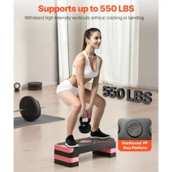 VEVOR Aerobic Exercise Step Platform, 28-Inch Workout Aerobic Stepper, Height Adjustable Fitness Training Step Deck Trainer with 4 Risers, Non-Slip Surface Bench for Home Gym Cardio Strength, Red