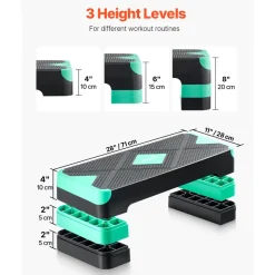 VEVOR Aerobic Exercise Step Platform, 28-Inch Workout Aerobic Stepper, Height Adjustable Fitness Training Step Deck Trainer with 4 Risers, Non-Slip Surface Bench for Home Gym Cardio Strength, Green