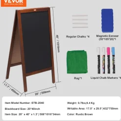 VEVOR A Frame Chalkboard Sign, Double-Sided Sidewalk Signs, Freestanding Vintage Wooden Chalk Board with Chalks & Magnetic Eraser, Rustic Brown Outdoor Sandwich Board, 20